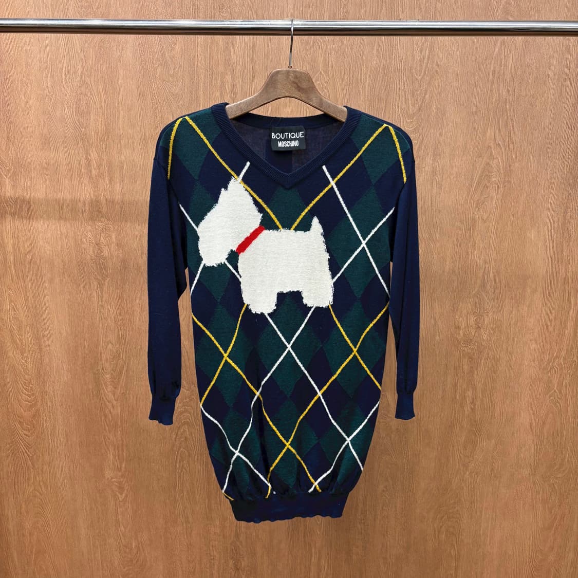 부티크 모스키노 브이넥 긴팔 롱 니트 아가일 체크 패턴 디테일 네이비 상품이미지2