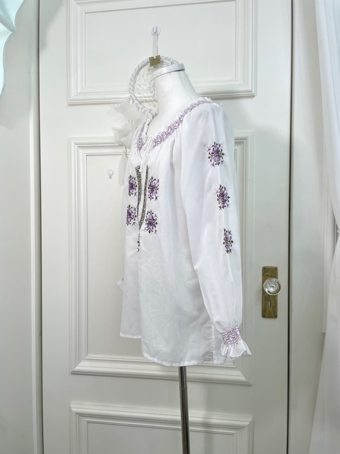 white purple embroidery loose cotton blo 상품이미지2