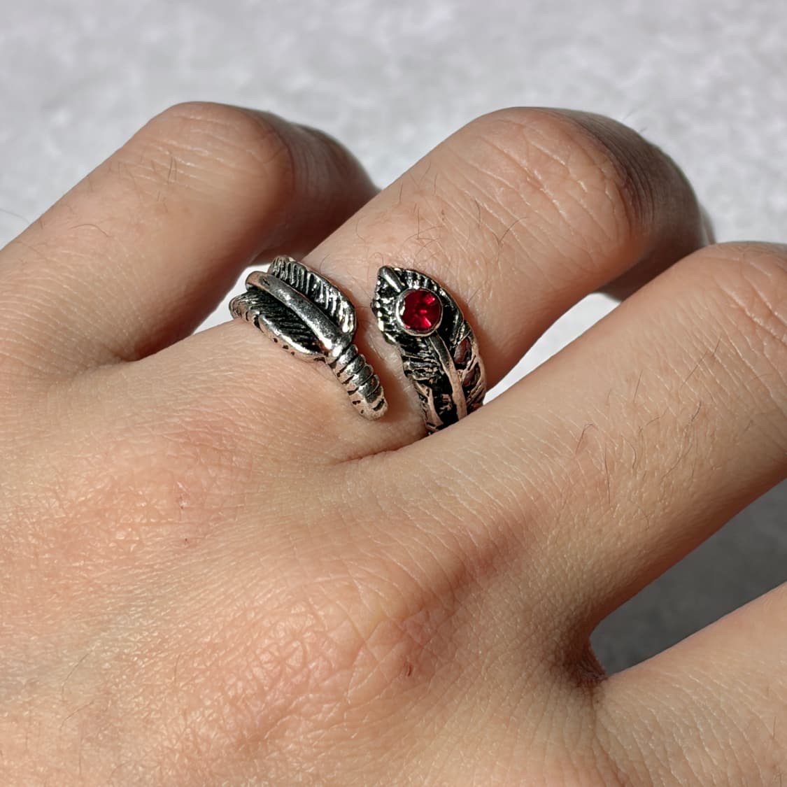 Oribell 레드 스톤 깃털 엔틱 실버 오픈링 반지 상품이미지1