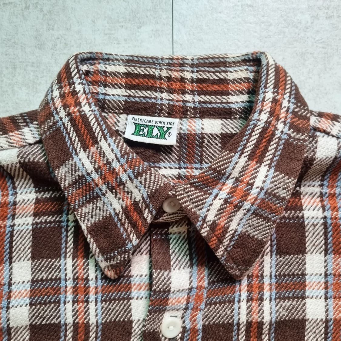 70s USA Ely Cotton Flannel Check Shirt L 상품이미지3