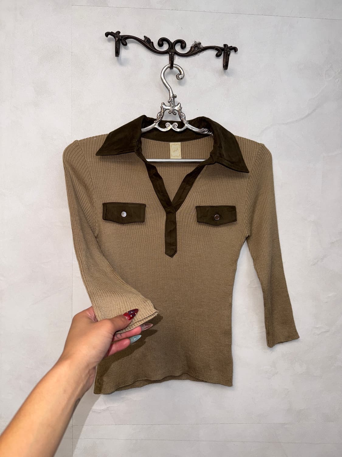 Beige brown y2k suede detail knit 상품이미지4