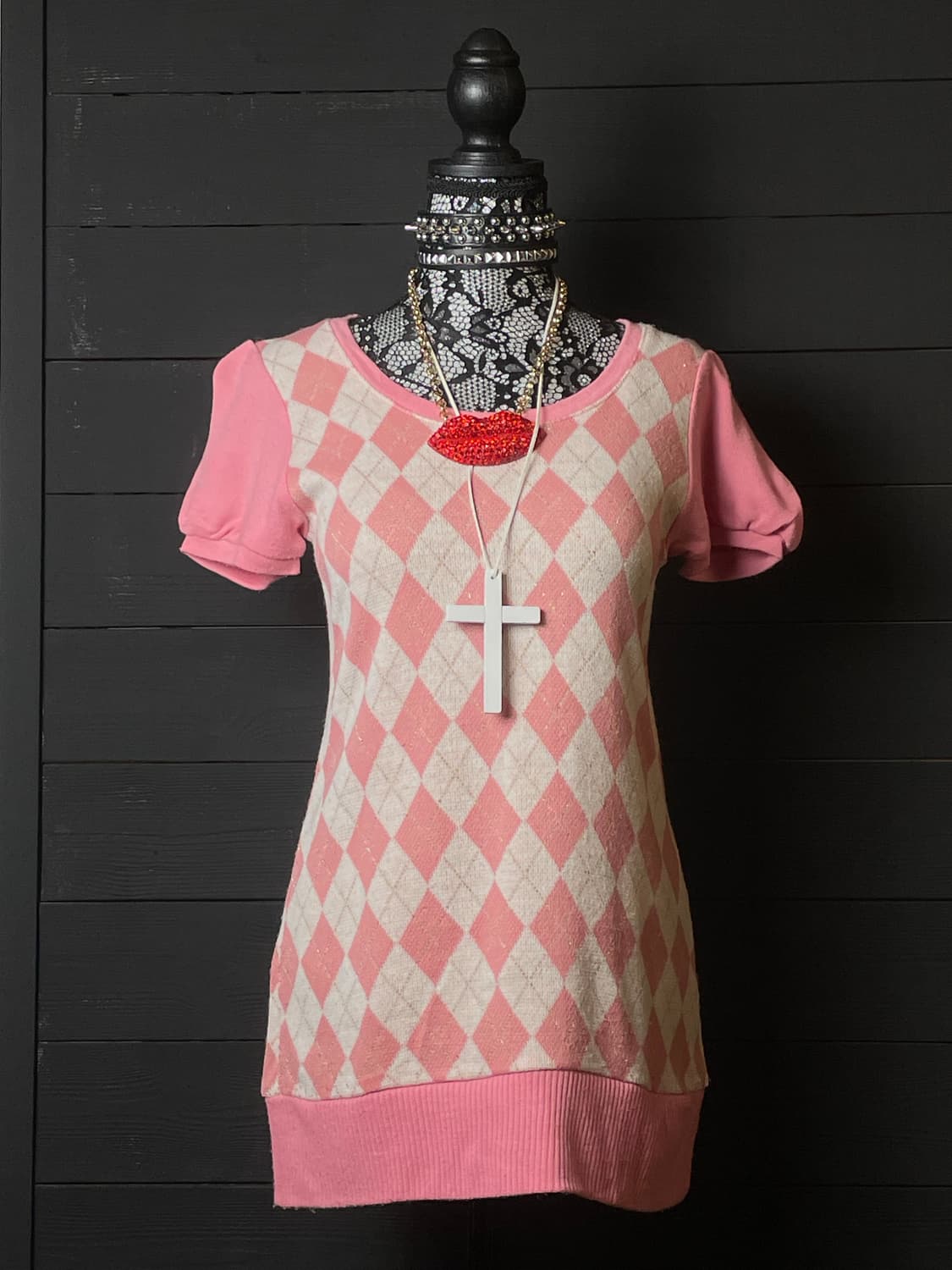 JPN 아가일 패턴 핑크 니트 반팔티셔츠 상품이미지4