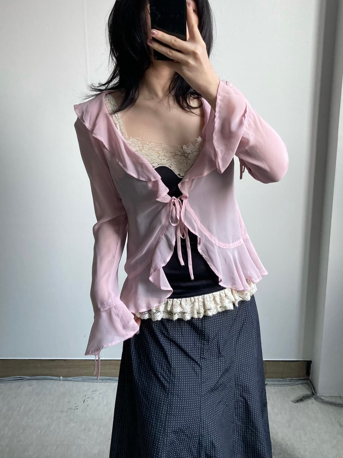 프릴 리본 블라우스 가디건 상품이미지1