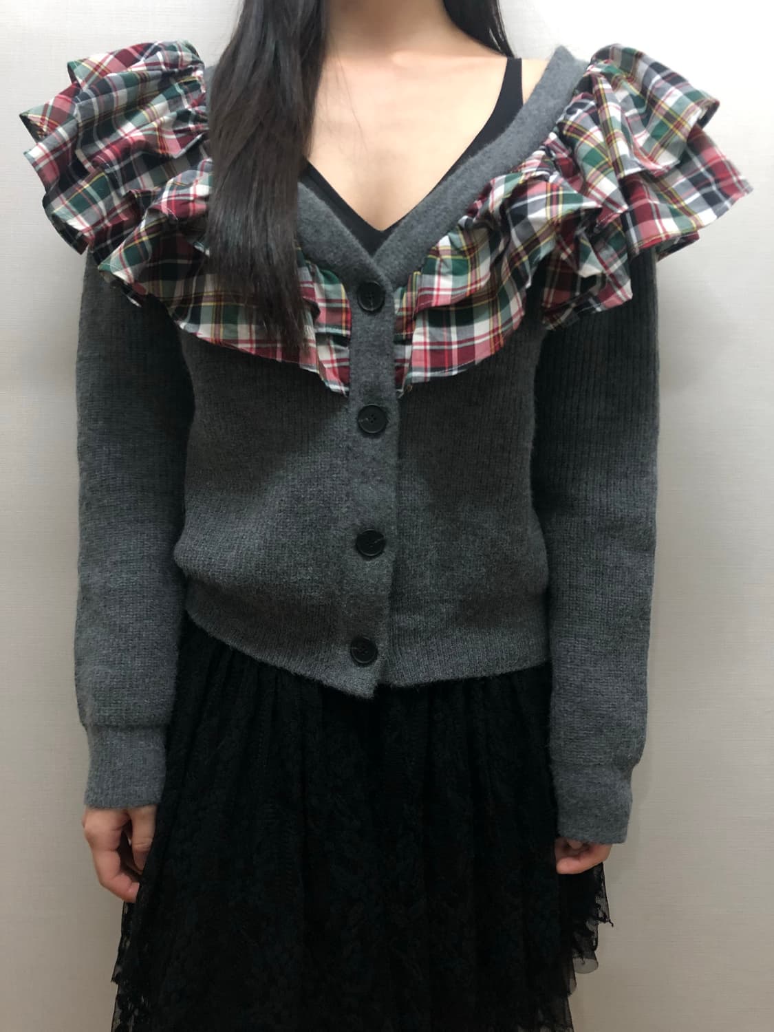 빈티지 그레이 체크 프릴 레이어드 가디건 상품이미지2