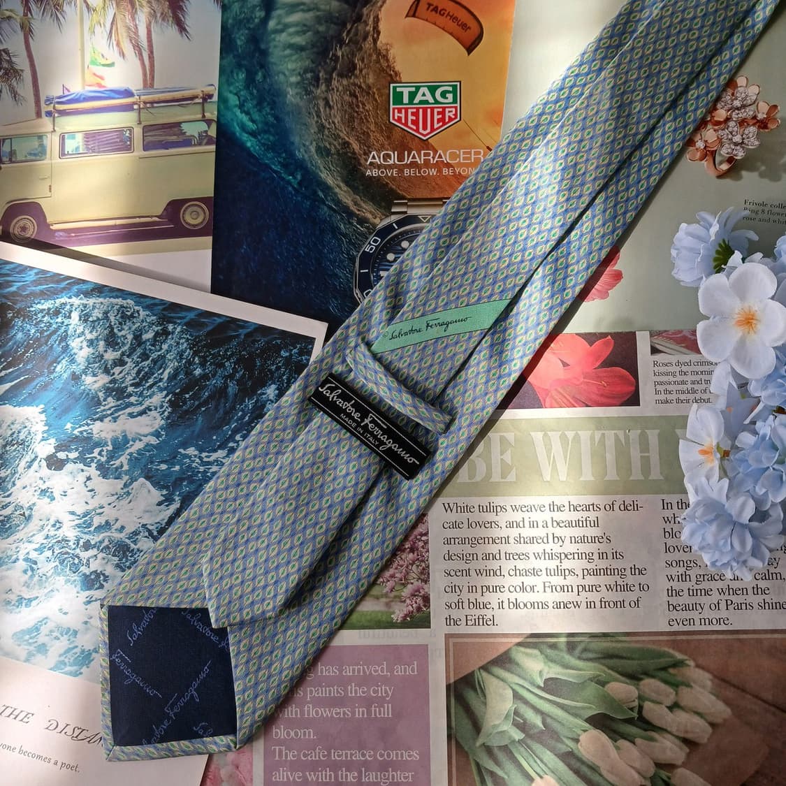 살바토레 페라가모 실크 하늘색 패턴 넥타이 9.5cm B등급 a19659 상품이미지5