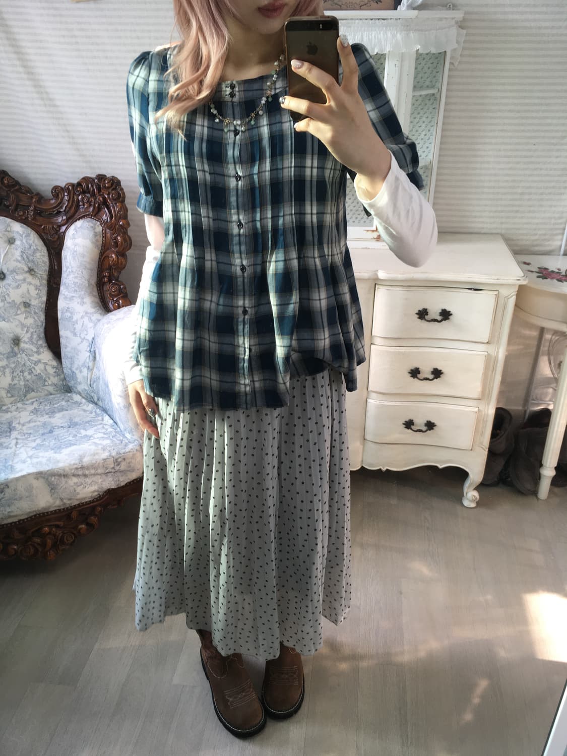 jpn vintage blue check pintuck blouse 상품이미지4