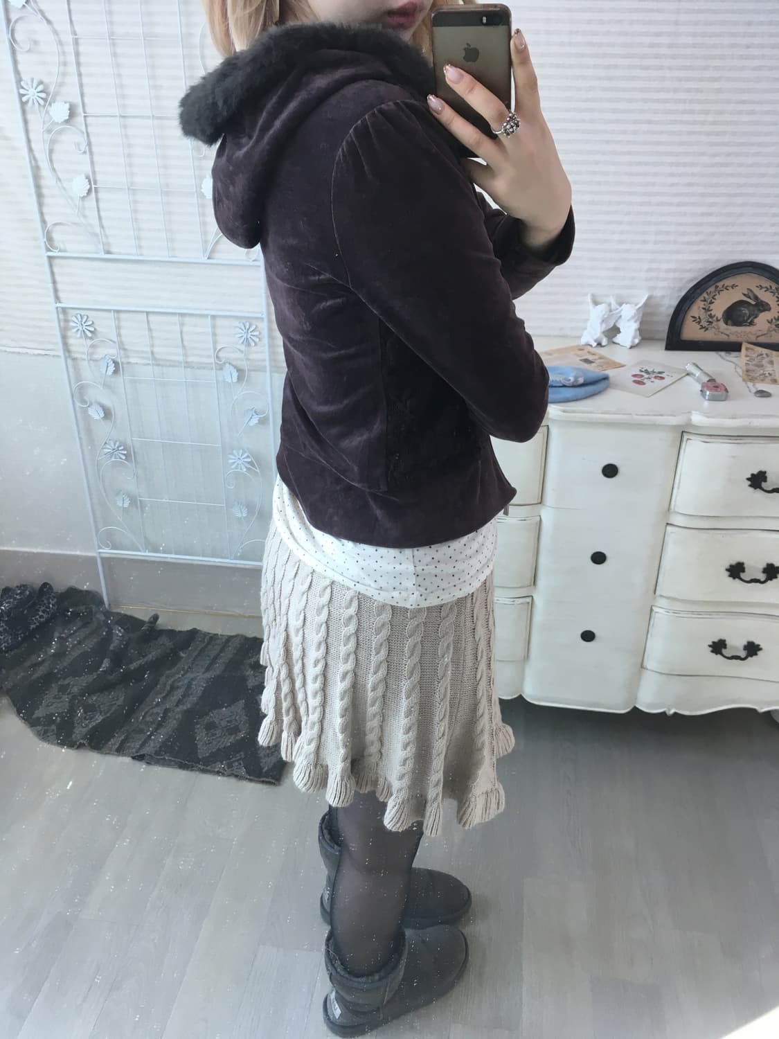 Rosa cherry 로즈브라운 벨루아 레이스 퍼 후드집업 상품이미지6