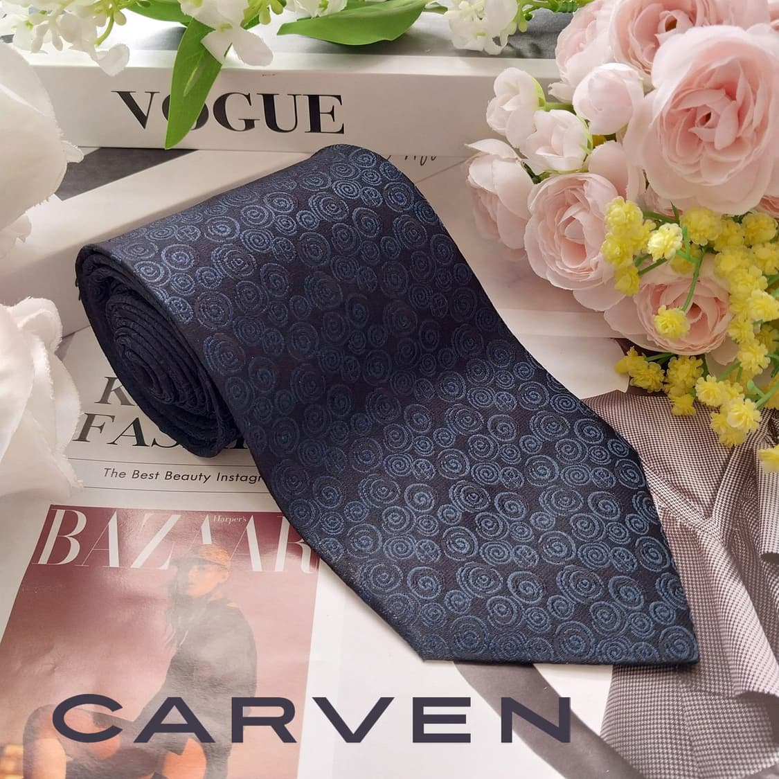 까르뱅 실크 네이비 소용돌이 자카드 넥타이 9.4cm A+등급 K2106 상품이미지2
