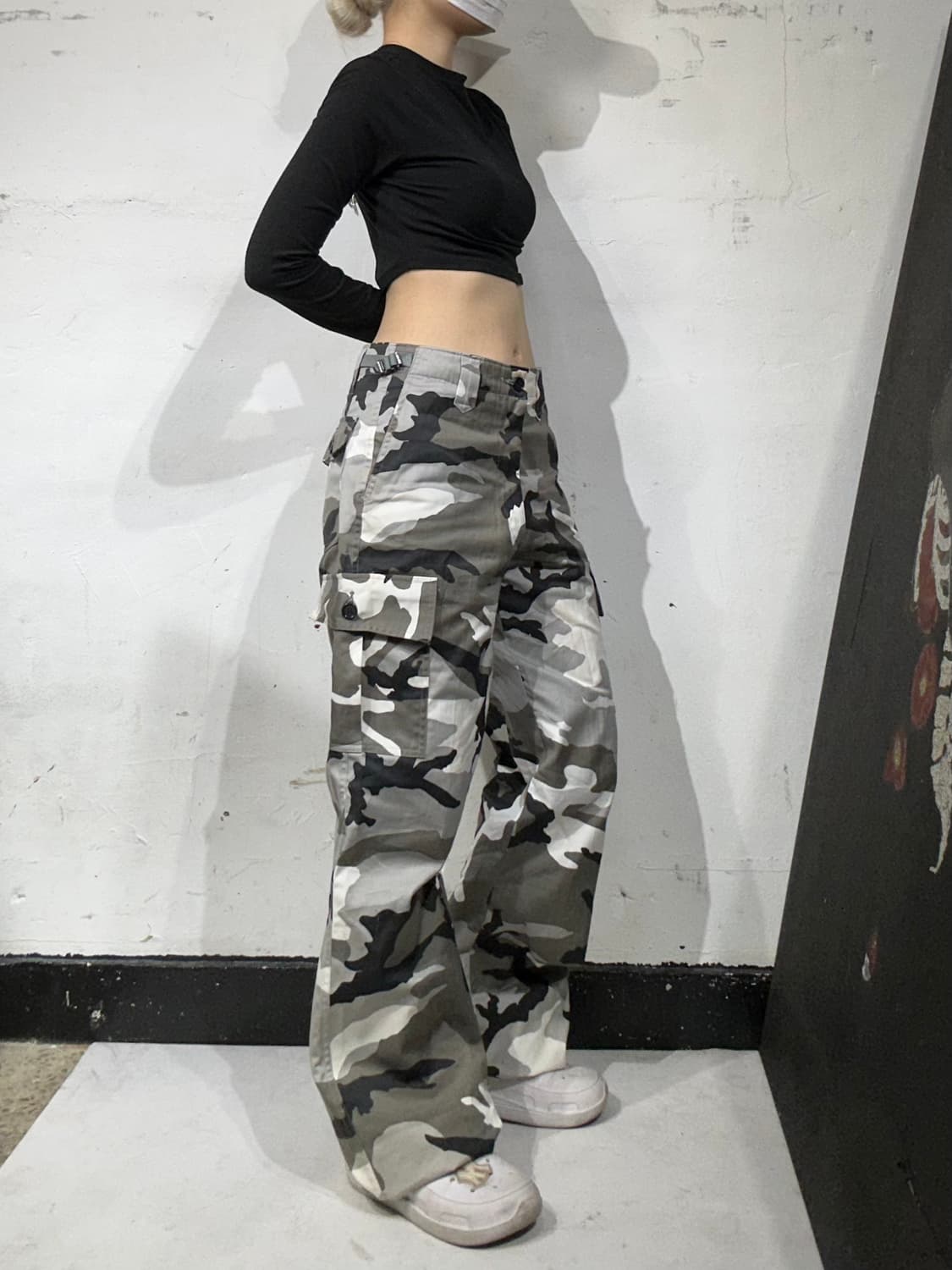 일본 빈티지 카키 밀리터리 카모 와이드 카고 팬츠 M 상품이미지1