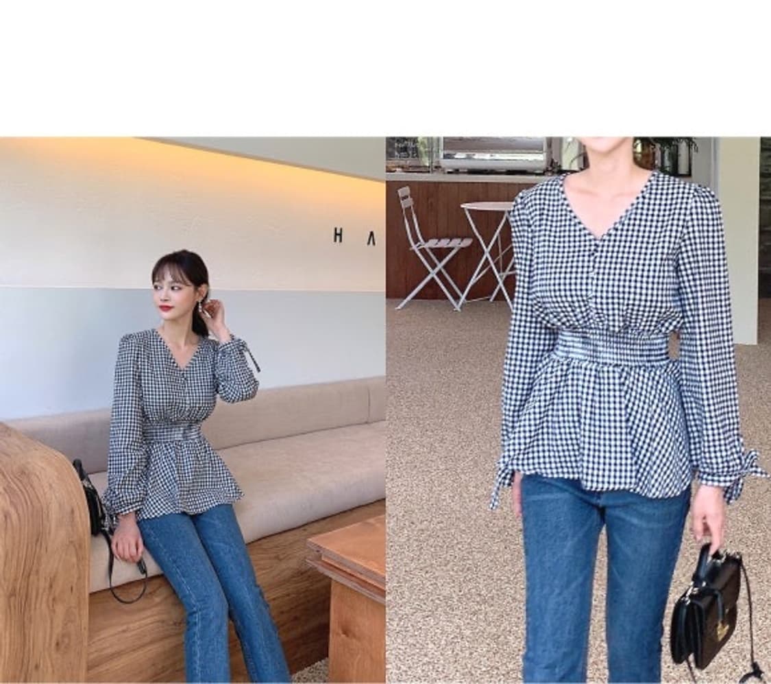 리리앤코 깅엄 브이넥 체크 블라우스 상품이미지5