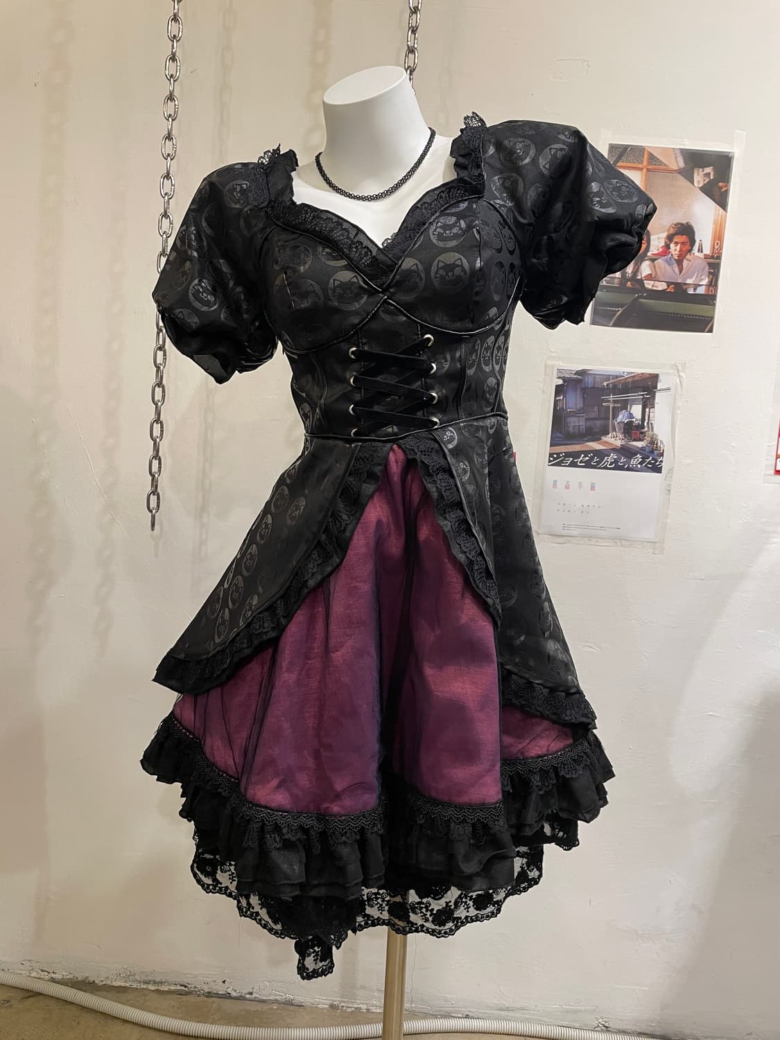 고양이 패턴 아일렛 리본 레이스 레이어드 블랙 원피스 고스 로리 펑크 상품이미지1