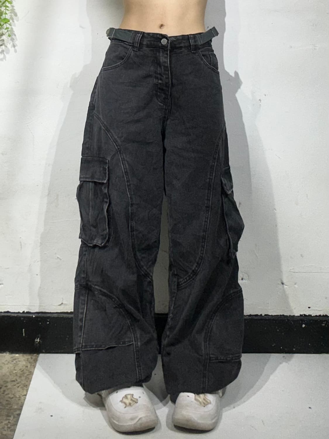빈티지 빅 포켓 와이드 흑청 카고 바지 스트릿 힙합 팬츠 S 상품이미지2