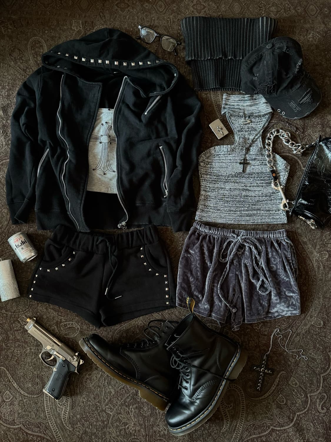 레오파드 그레이 벨벳 반바지 여성 상품이미지2