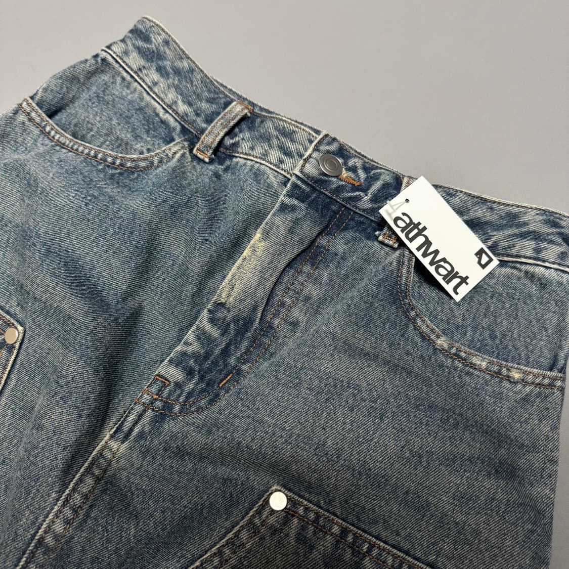 Oriens by 저널스탠다드 라이트블루 데미지 더블니 데님 롱 스커트 상품이미지4