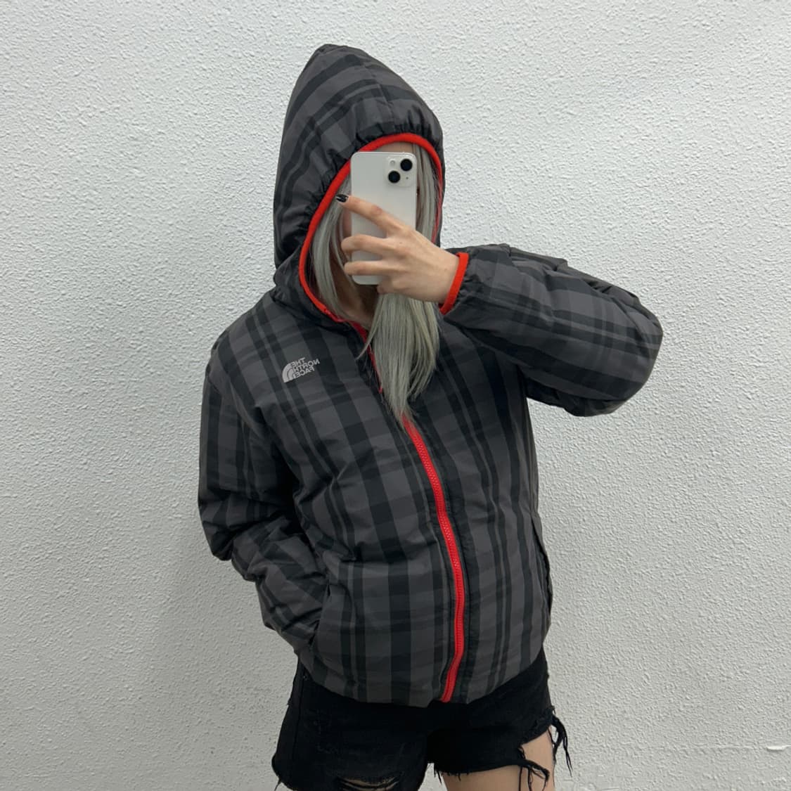 노스페이스 550 체크패턴 리버시블 오렌지 후드패딩 XL 상품이미지3