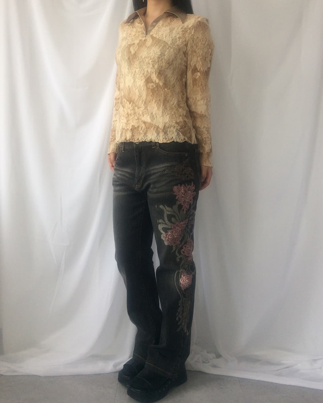 Flower pattern collar point mesh sleeve 상품이미지7