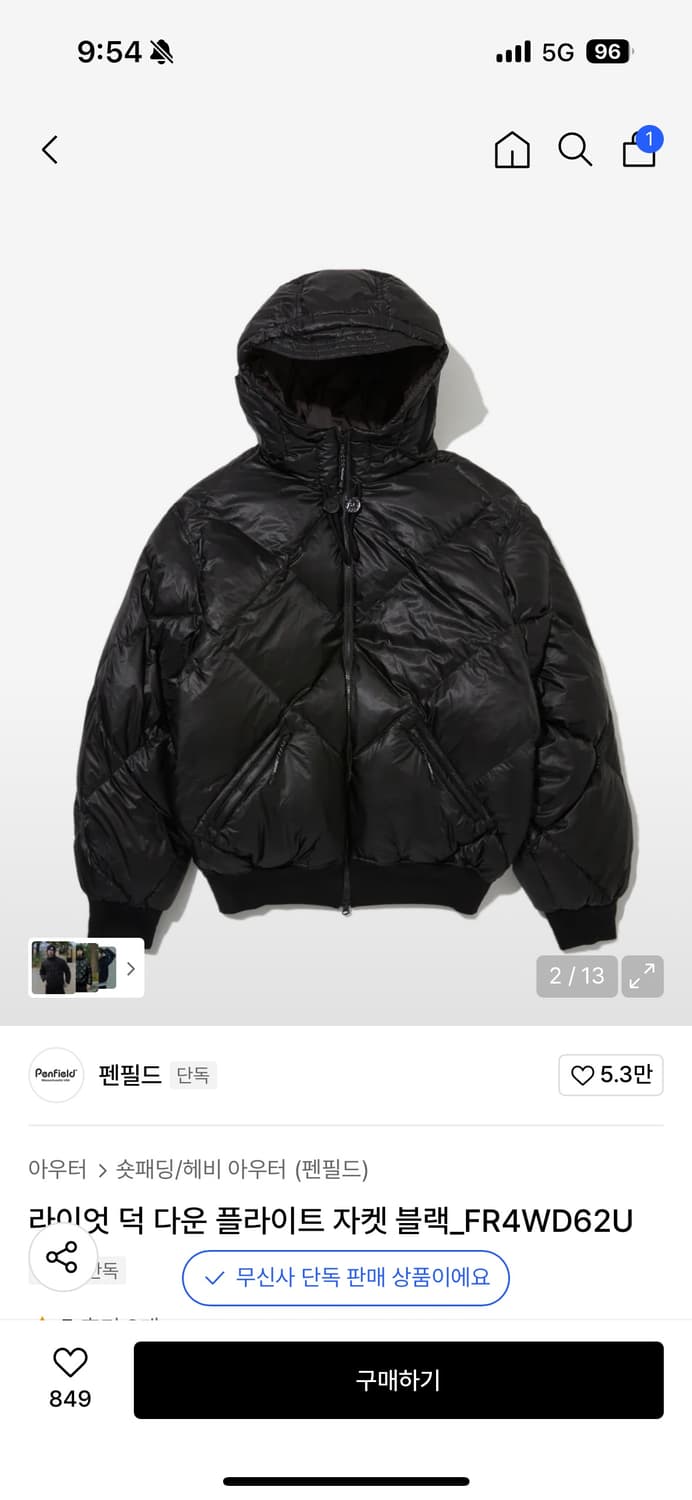 펜필드 25fw 라이엇 덕다운 플라이트 패딩 블랙 L 상품이미지1