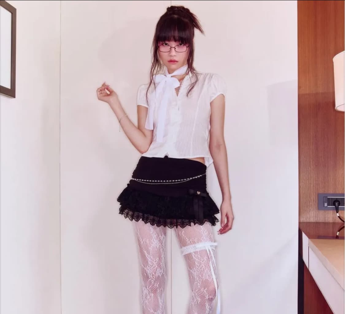 포어링 Chiffon lace mini skirt (black) 치마 상품이미지2