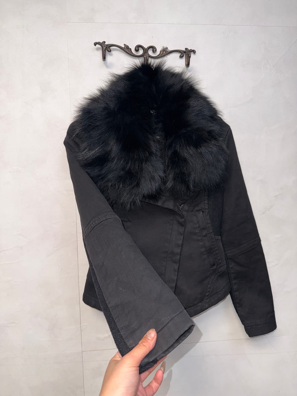 Black fox fur wool patch double rider jk 상품이미지6