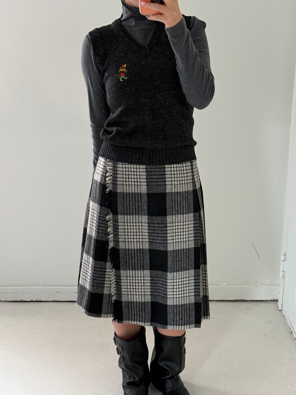 일본빈티지 체크 플리츠 울 미디스커트 상품이미지4