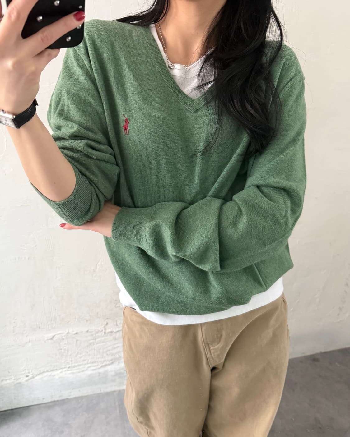 새상품 Polo 폴로 랄프로렌 메리노울 그린 브이넥 니트 상품이미지1