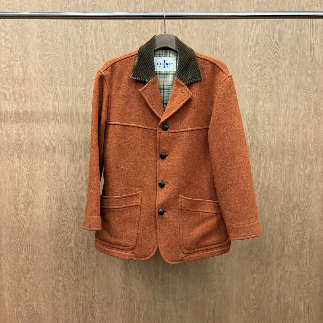 카라웨이 컴포트 울 자켓 체크 안감 배색 카라 체스트 절개 디테일 오렌지 상품이미지2