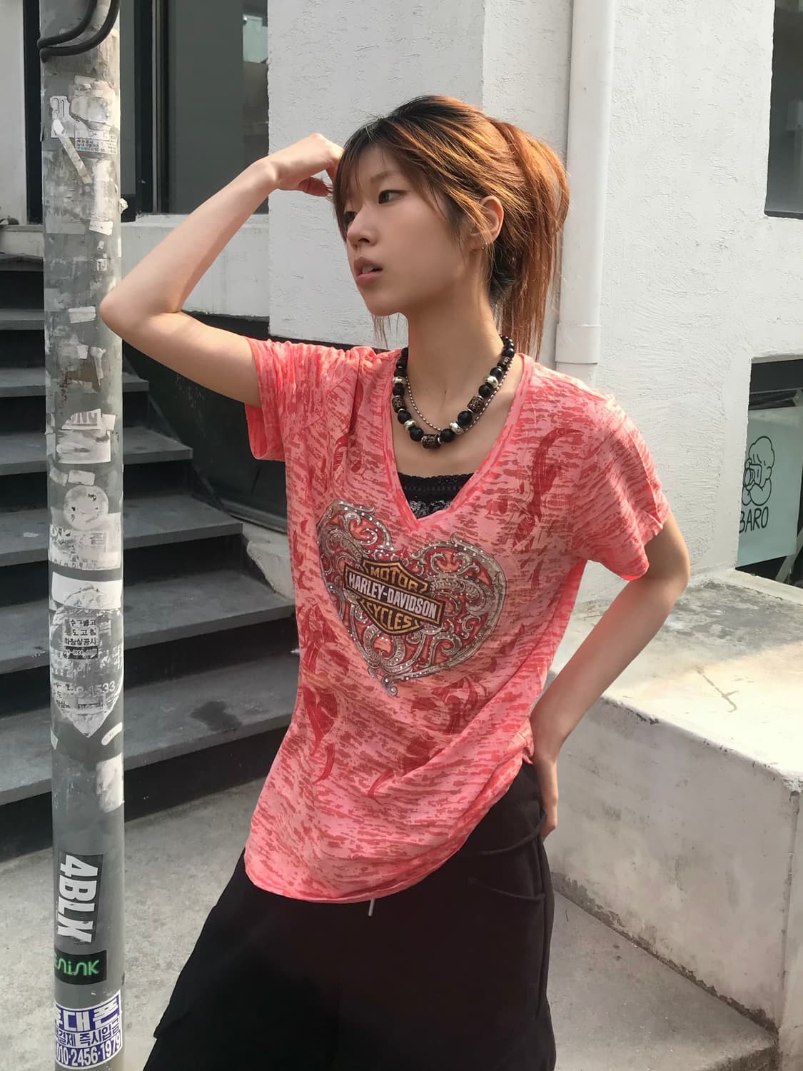 (상의 세트) 할리데이비슨 큐빅 펑크 반팔 티셔츠 + 프릴 나시 상품이미지1