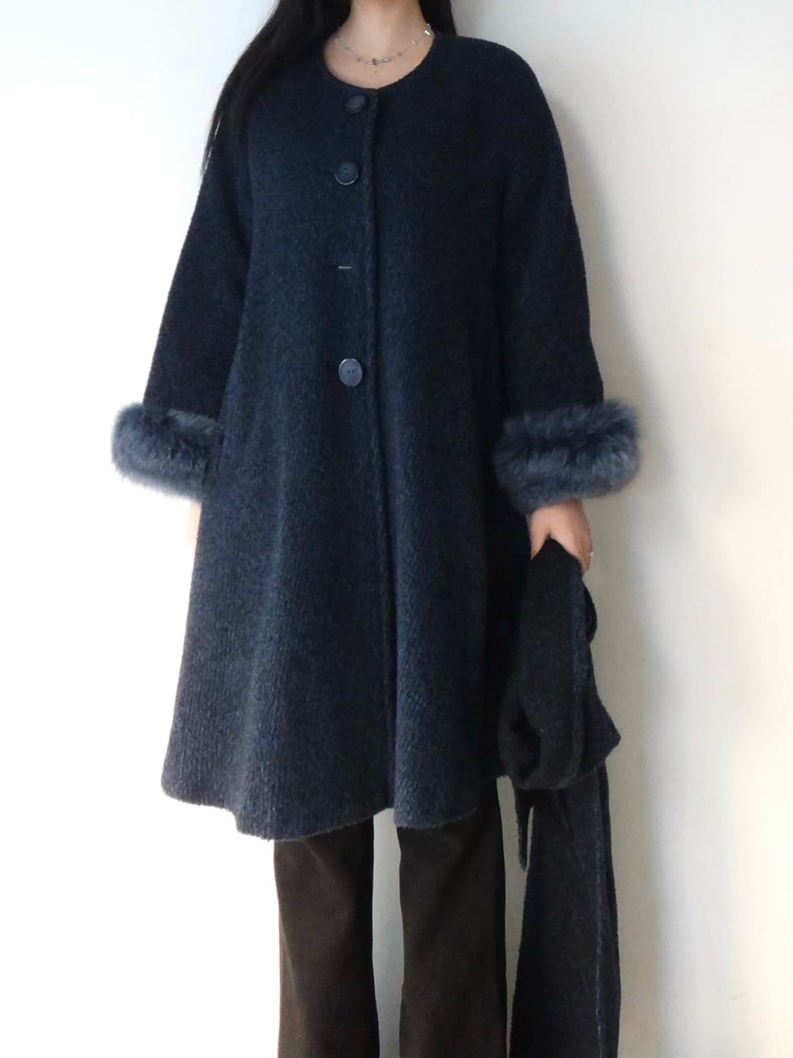 Muffler layered fur coat / navy 상품이미지10