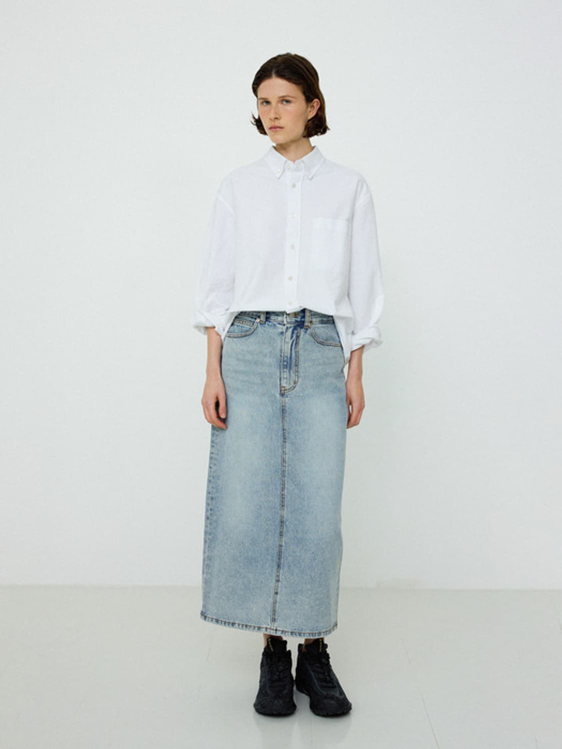 로우 데님 롱 스커트 라이트 블루 상품이미지2