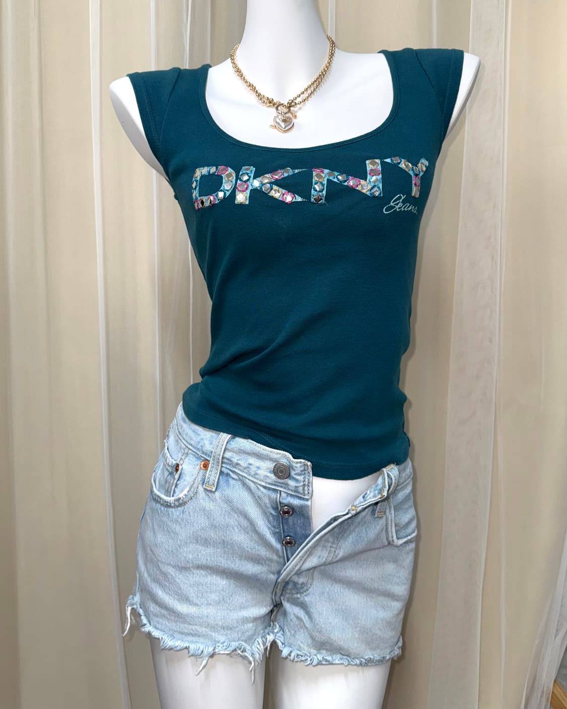 XS DKNY 큐빅 반소매 청록 상품이미지2
