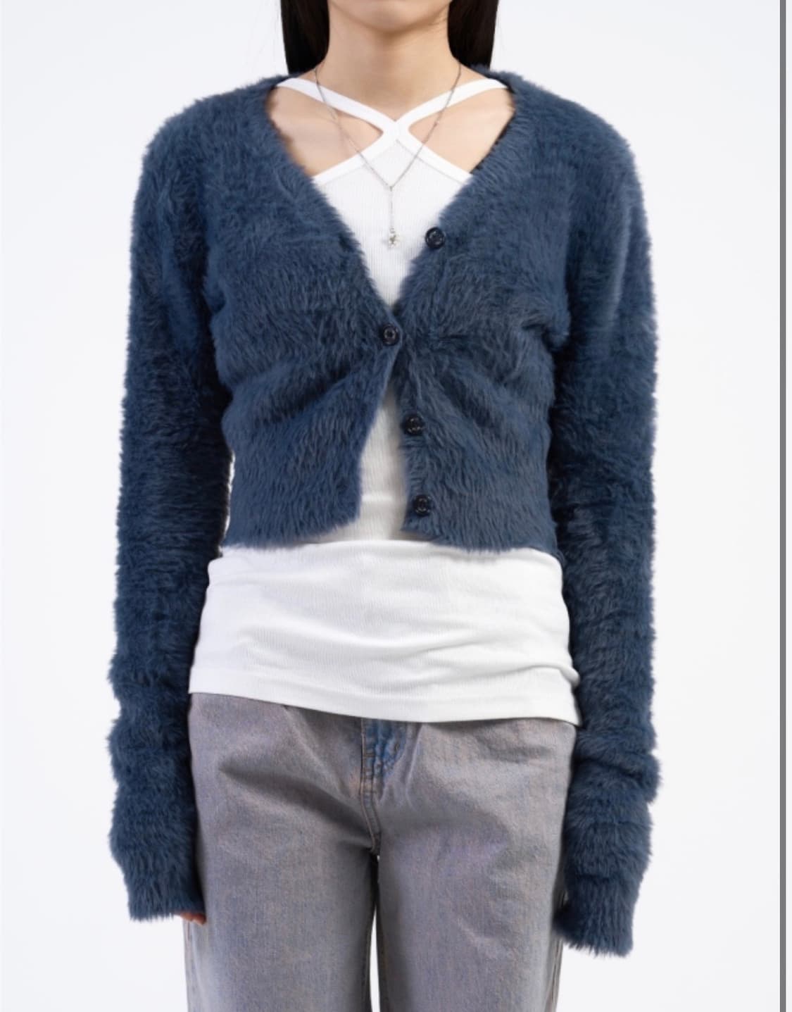 애즈온 브이넥 마카롱 퍼 가디건 블루  상품이미지1