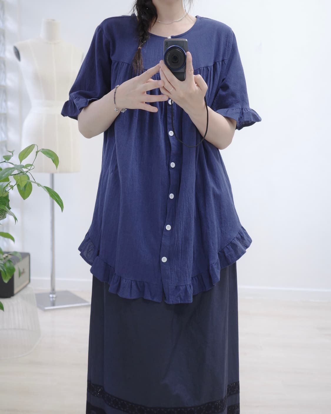 Navy Frill cotton Blouse 상품이미지7