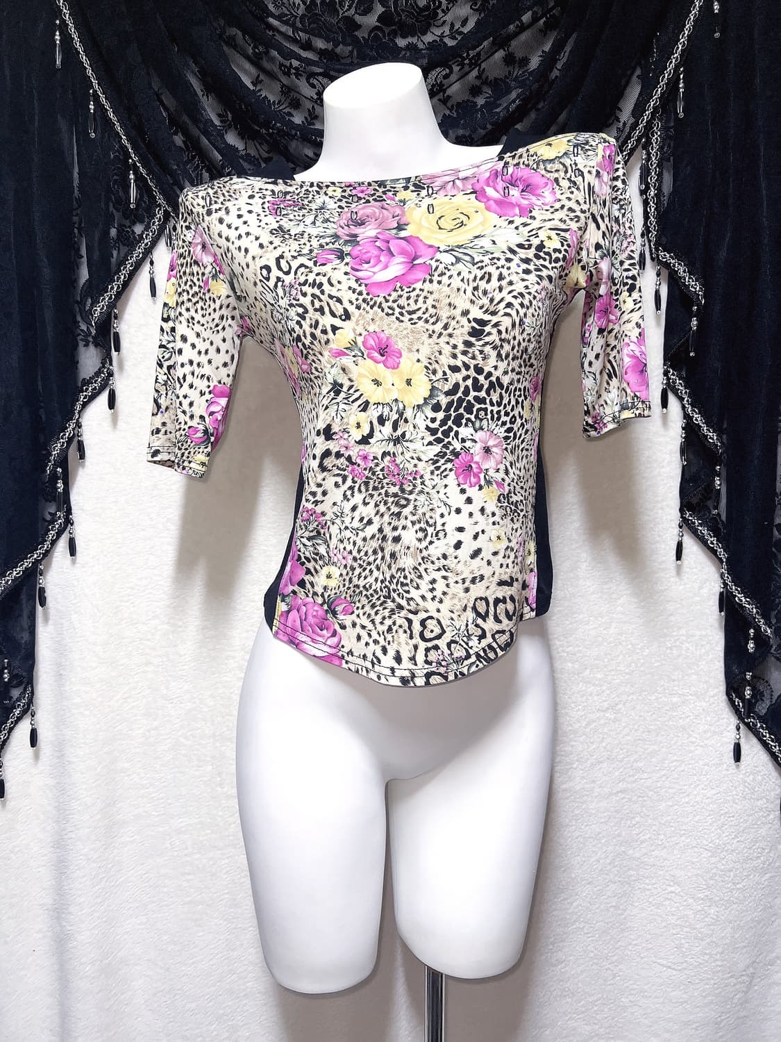 레오파드 호피 플라워 패턴 반팔탑 오네갸루 히메 오리엔탈 펑크 핀터 상품이미지3