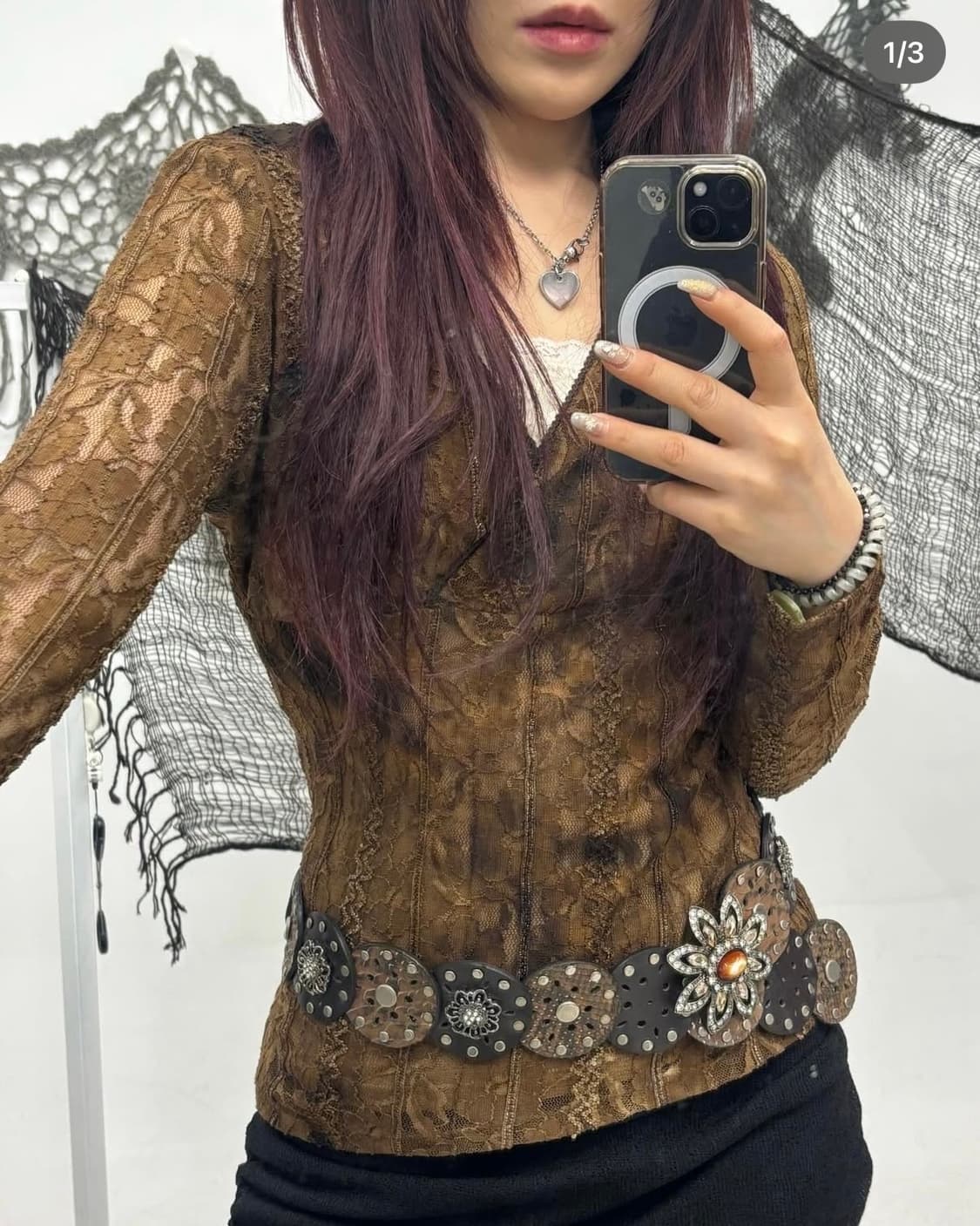 Lace Brown Slim Fit Top 상품이미지1