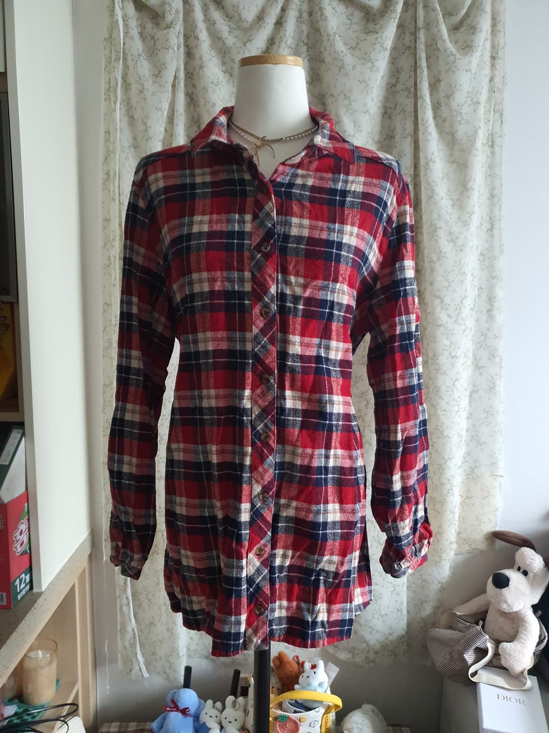 [빈티지] 체크 남방 셔츠 레드/네이비 보풀감있음 상품이미지1