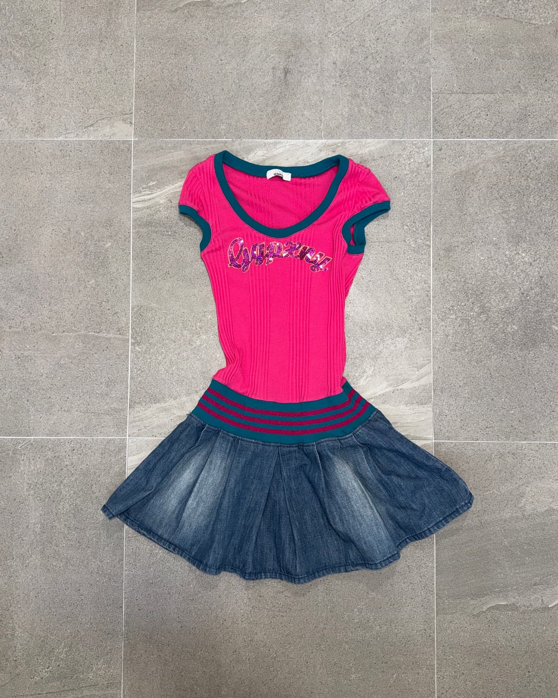 GGPX pink glitter denim pleats ops 상품이미지1