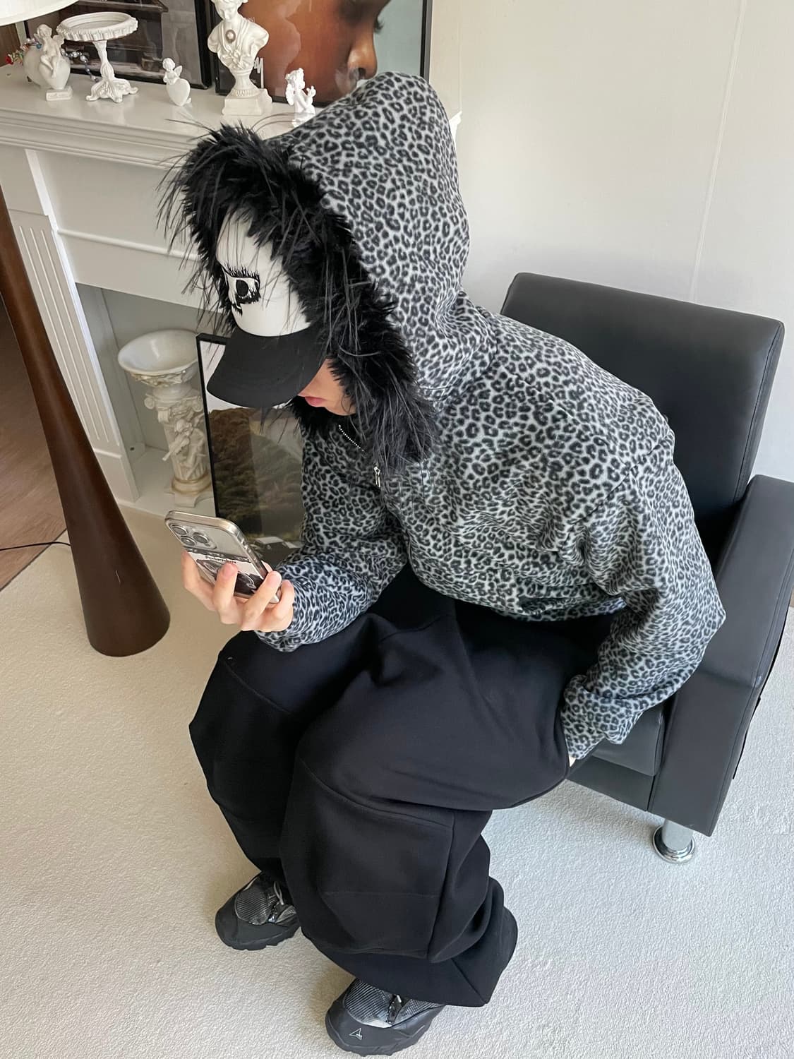 레오파드 호피 퍼 후드 후리스 기모 집업 상품이미지3