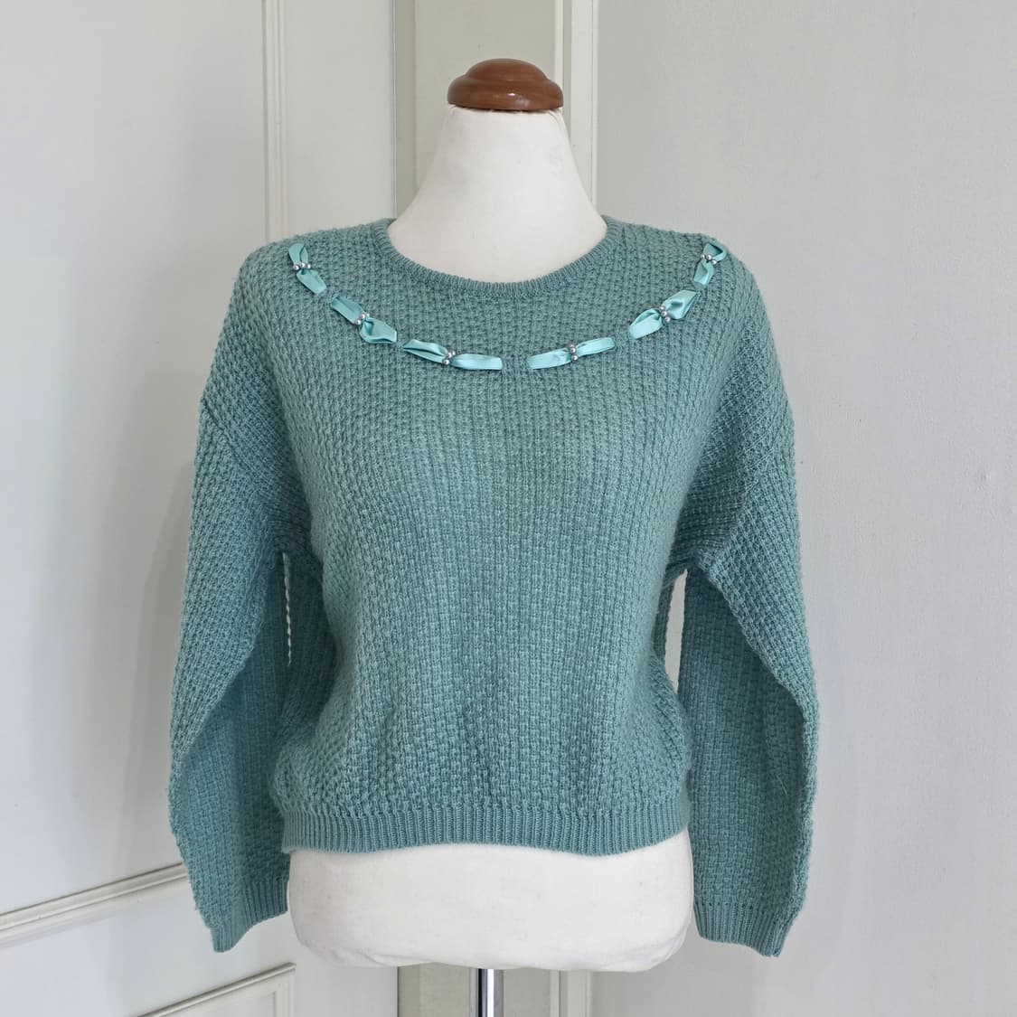 일본빈티지)하구미모리걸st 핀터깔 애플민트그린 리본 레이스 니트스웨터 상품이미지3