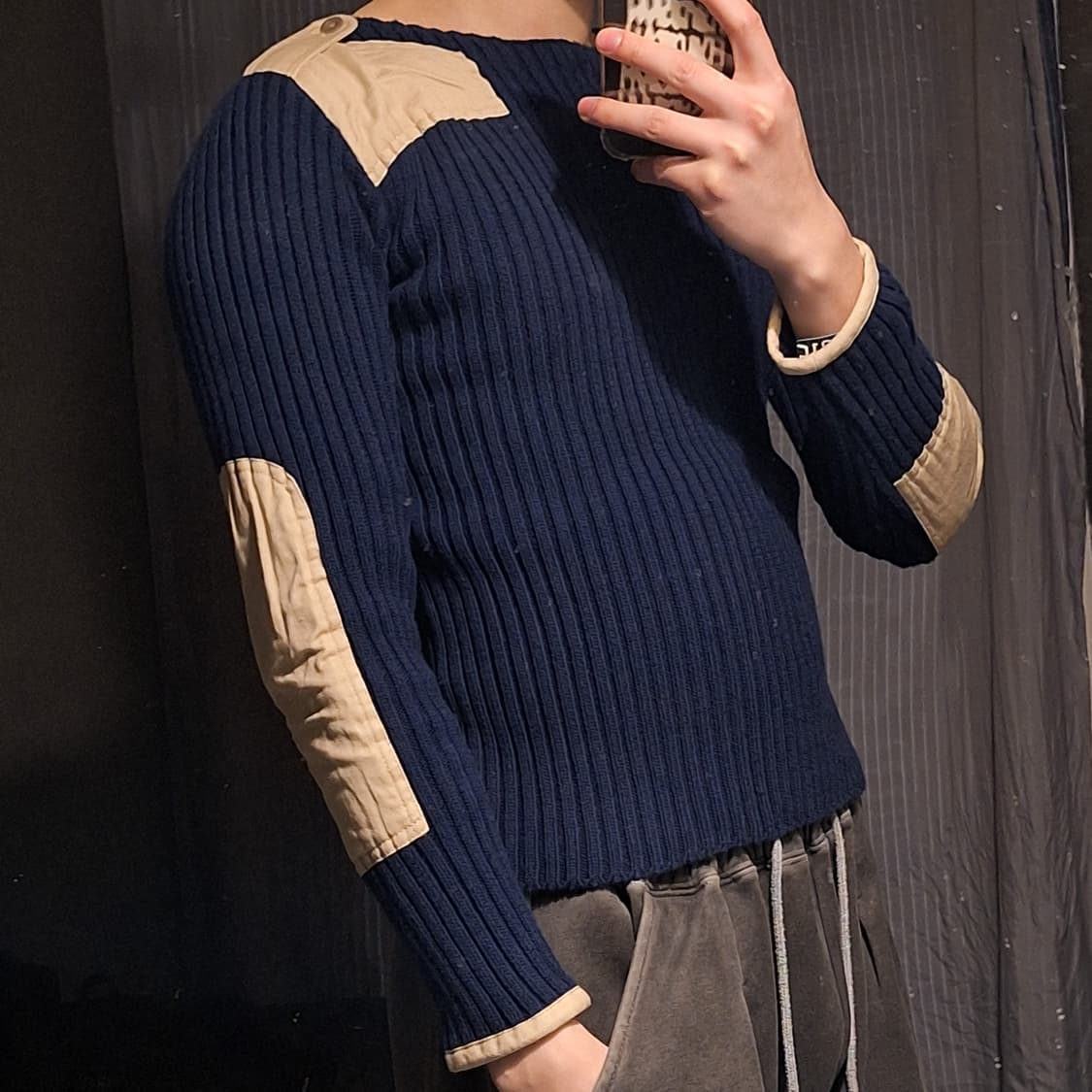 빔즈 보이 블루 아이보리 배색 아메카지 라운드넥 골지 코만도 니트 S 상품이미지2