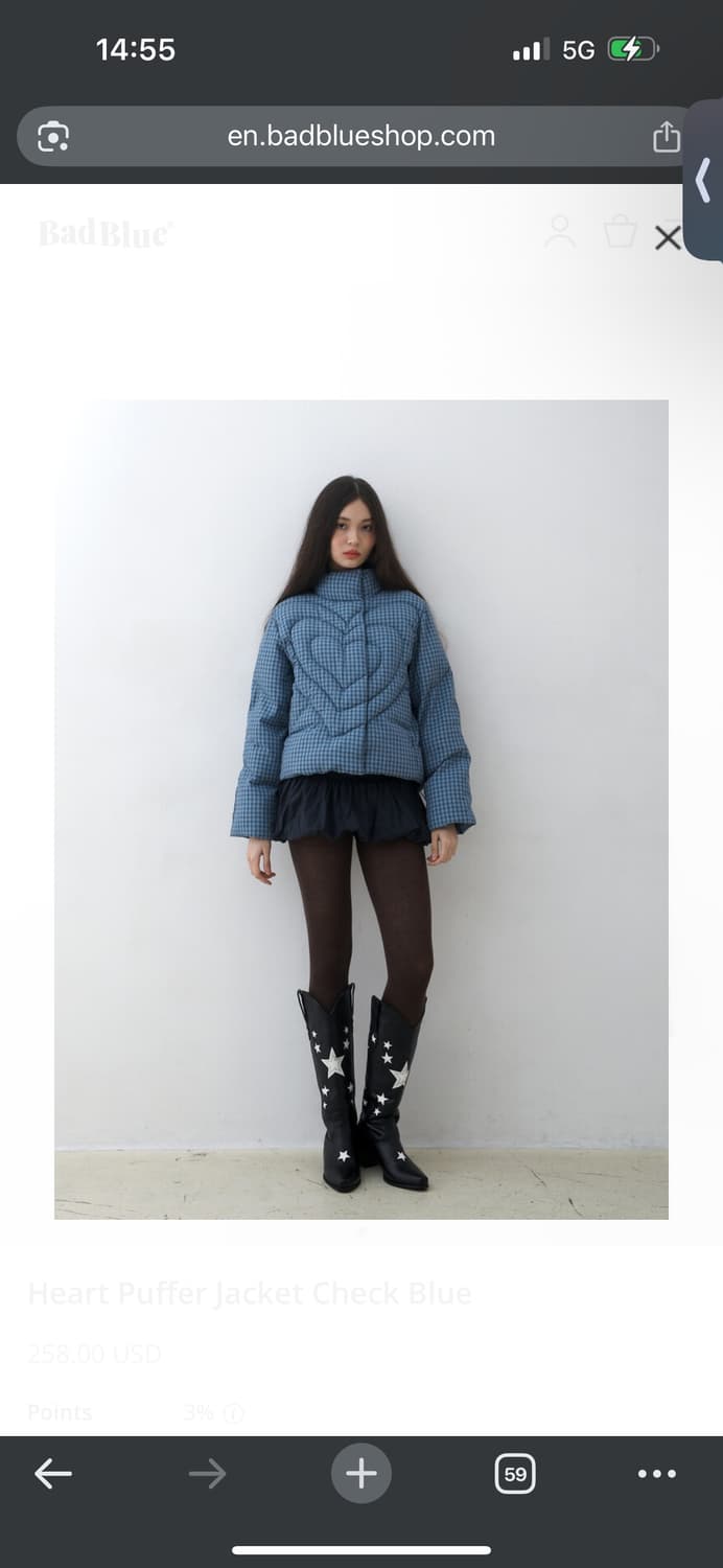 BadBlue 하트 푸퍼 자켓 체크 블루 M 상품이미지6