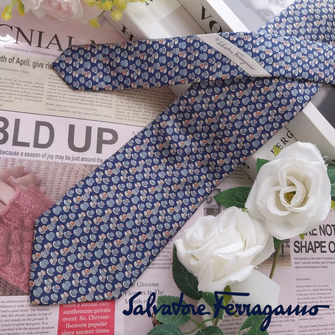 살바토레 페라가모 블루 커피잔 모티브 넥타이 9.2cm B등급 K2584 상품이미지2