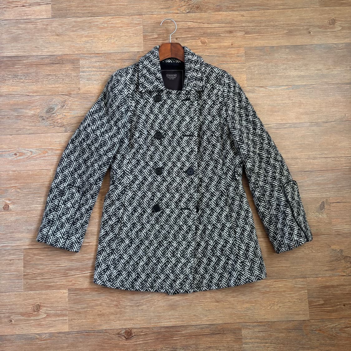 코치 정품 더블 코트 헤링본 2 사이즈 모헤어 가죽 디테일 상품이미지10