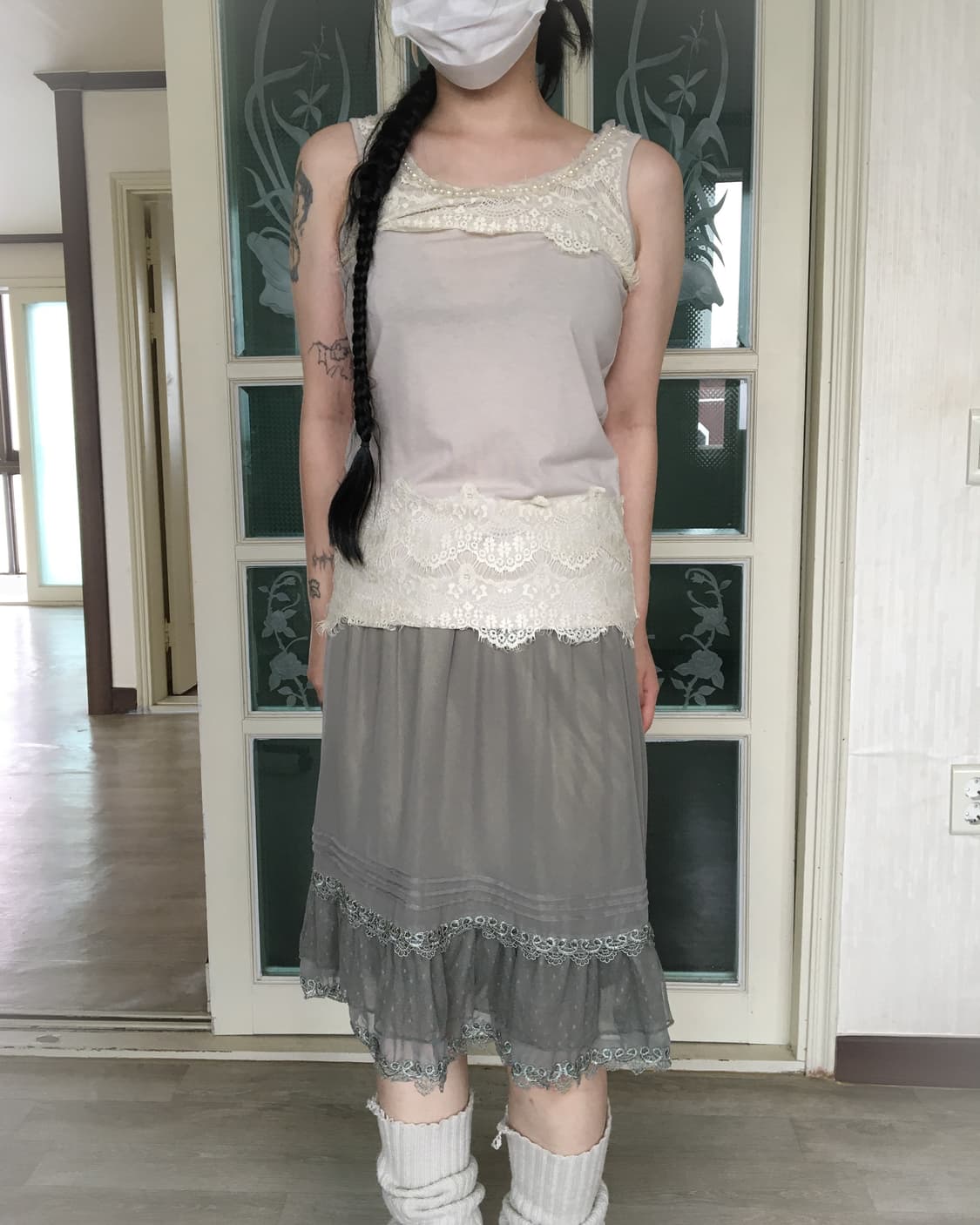 axes femme beige Lace trimming sleeveles 상품이미지1