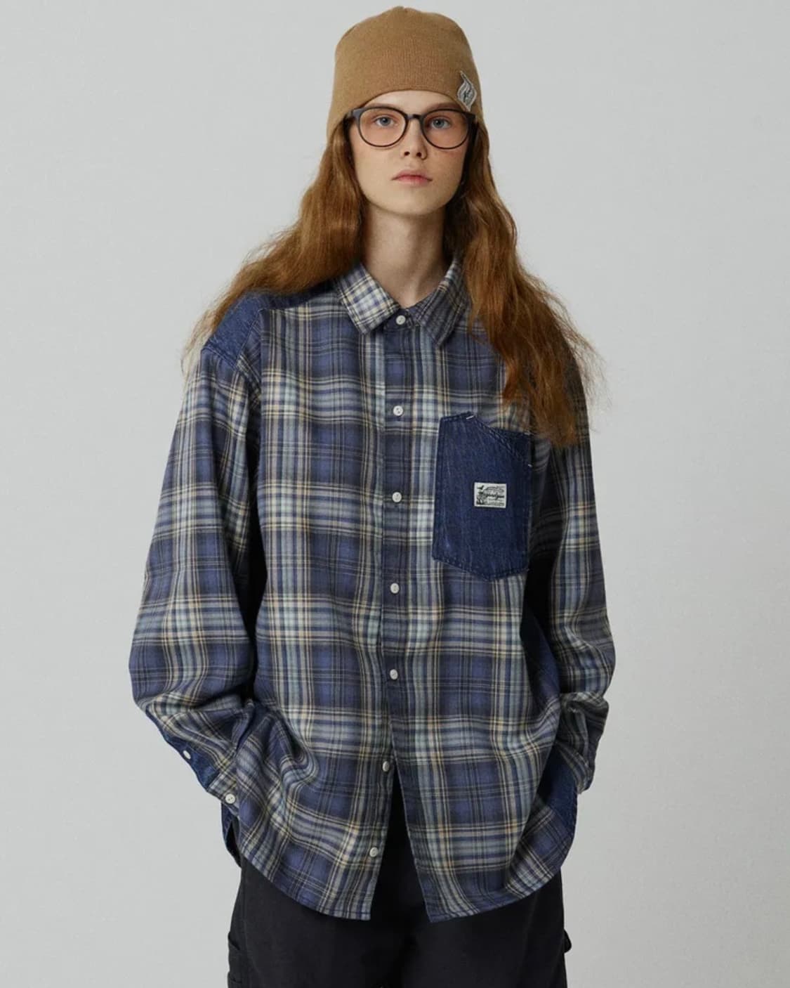 맥우드건 레이버 2108 데님패치워크 오버핏 더스티블루 체크셔츠 상품이미지1