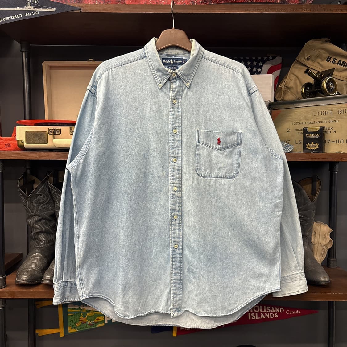 90s 폴로 랄프로렌 빅셔츠 라인 워크포켓 데님셔츠 레드포니 N1013 상품이미지1