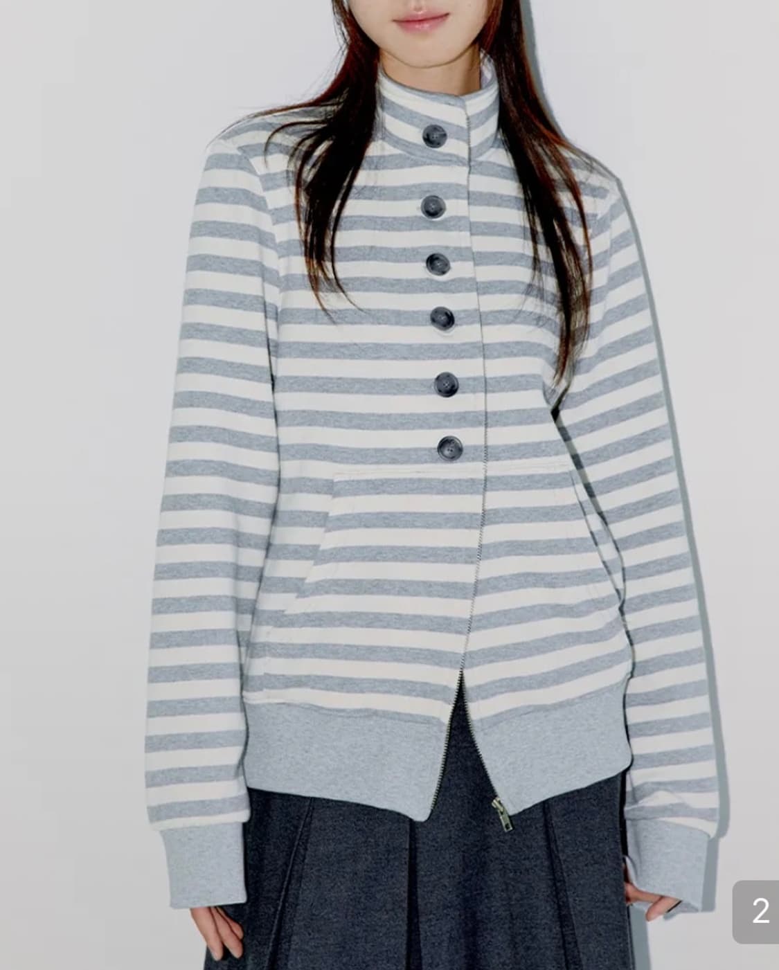 오피쉬 버튼 스트라이프 투웨이 집업 멜란지 상품이미지1