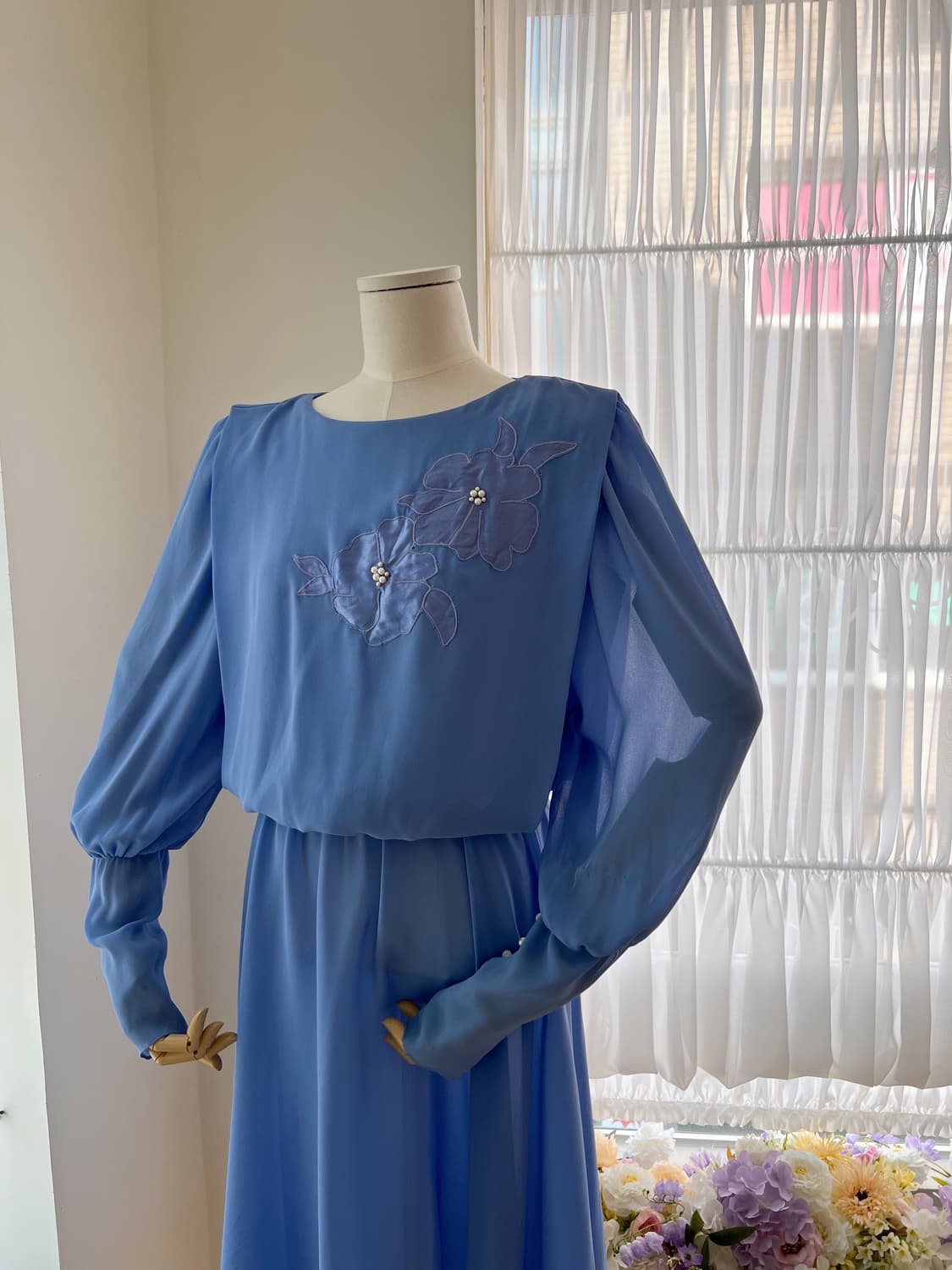 블루 플라워 진주 쉬폰 원피스 상품이미지7