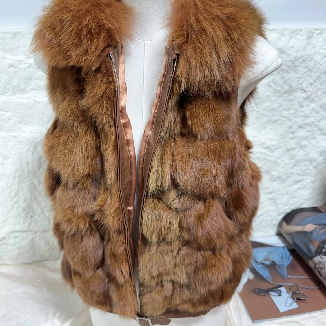 빈티지 브라운 폭스퍼 여우털 양가죽 조끼 베스트 상품이미지3