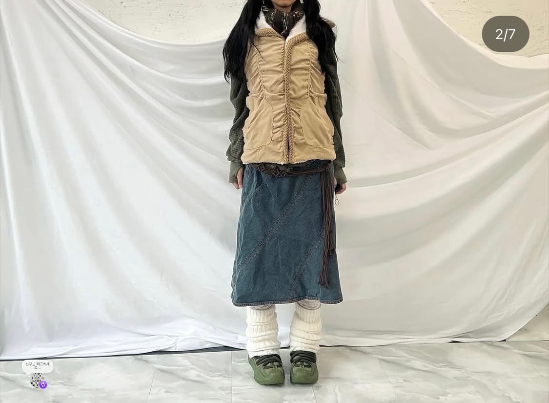 메론빵단추베스트, 데님스커트, 그런지니트 상품이미지2