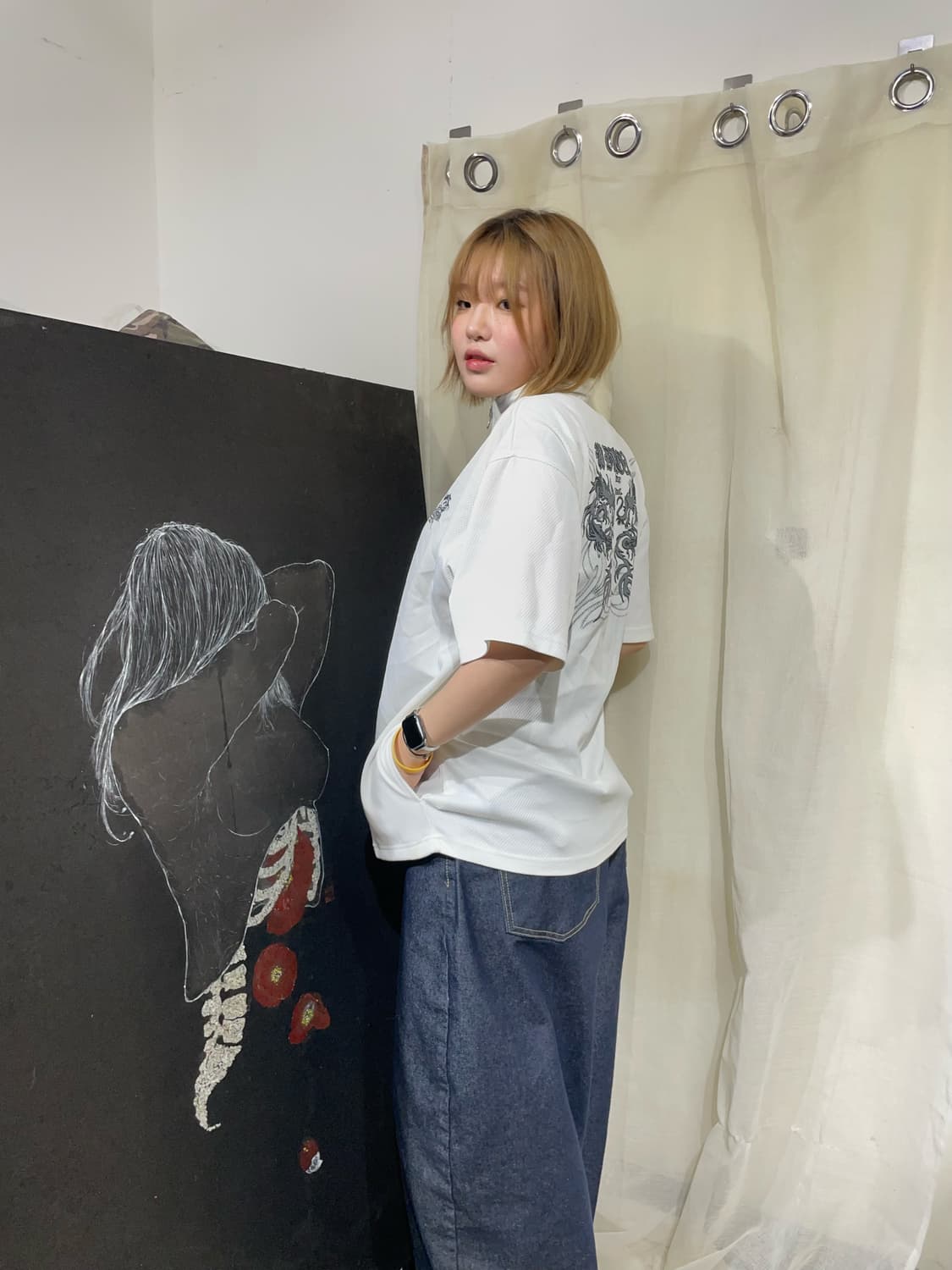 일본빈티지 용 자수 화이트 하프 져지 L 상품이미지4